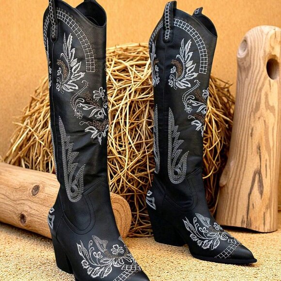 Black Western Women's Cowgirl Boots Pointed Toe Embroidered Thick Heels Knee Hig - Picture 5 of 7